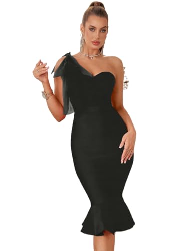 Image of Mesh One Shoulder Bow Midi Dress Fishtail Bandage Cocktail Party Wedding Bridesmaid Evening Gown