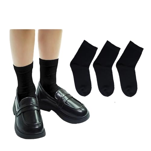 Prupoky Boys Dress Socks 3 Pairs Kids Boys Girls Crew Dress Sock Cotton Uniform Socks for Girls 01 Black Medium