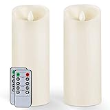 5plots 9'x 3' Wax Flameless Candles - Amber Yellow Flickering Glow LED Candles - Battery Operated with Remote and Timer - Moving Wick Dancing Flame Set of 2