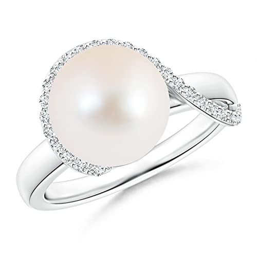 Angara Freshwater Pearl Solitaire Ring for Women | Round Freshwater Cultured Pearl Diamond Swirl Ring in 14K Solid Gold/Platinum | June Birthday, Anniversary, Gemstone Jewellery Gift