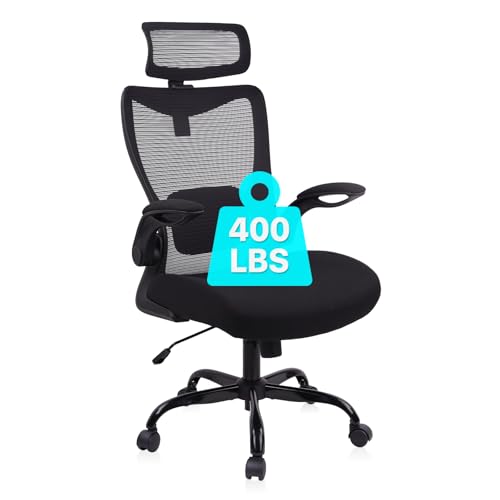 CLATINA Heavy Duty Ergonomic Mesh Office Chair 400LBS Big and Tall Desk Chair with Adjustable Lumbar Support & Headrest Flip Up Padded Arms Swivel Computer Chair for Home Study Conference Black