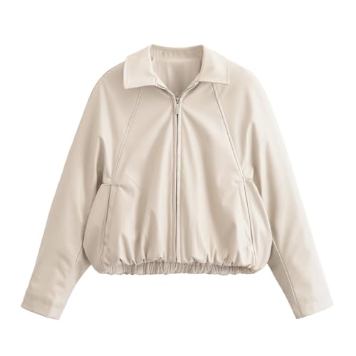Women's Cropped Solid Color Collared Zipper Jacket Aist-Tailored Zipper Collar