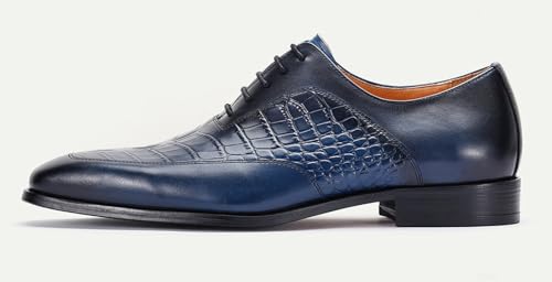 Santimon Mens Elegant Blue Oxfords Leather Dress Shoes - Formal Lace-Up with Crocodile Texture Derby for Business, Weddings & Special Events3