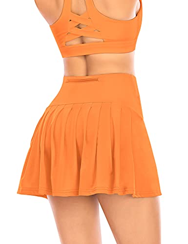 Women's Pleated Tennis Skirt with Shorts Pockets Athletic Golf Skort Activewear Sport Workout Running Skirt (Orange,L)