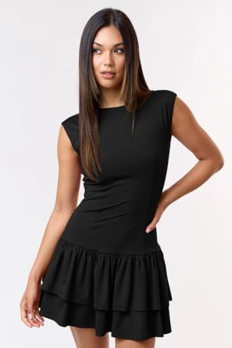 GOKATOSAU Women's Summer Round Neck Cap Sleeve Bodycon Tiered Ruffle Hem Mini Dress3