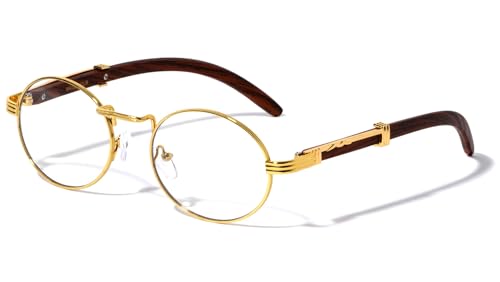 Dweebzilla Scholar Oval Metal & Faux Wood Buffs Clear Lens Sunglasses - Luxury Eyeglasses Frames
