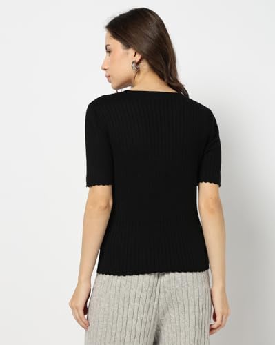 Image of Gap Women Solid Fitted Short Sleeves Round Neck Blouse
