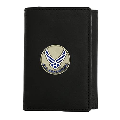 Officially Licensed US Air Force Medallion Trifold Genuine Leather Classic Wallet, Men’s birthday gift, Handmade Wallet in Brown & Black (Black)