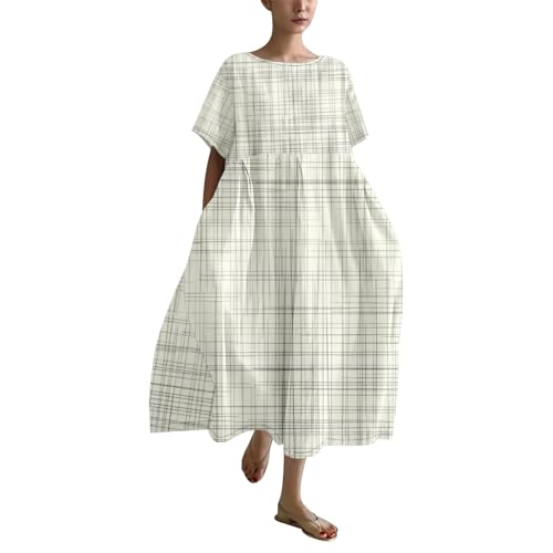 Janly Rebajas Mujer Vestido De Fiesta Mujer Vestido de Vintage para Mujer 2024 Boho Estampado Floral de tamaño Cuello Lino Casua Vestidos de Verano Vestidos Mujer Vestidos Mujer Verano (Grey, M)