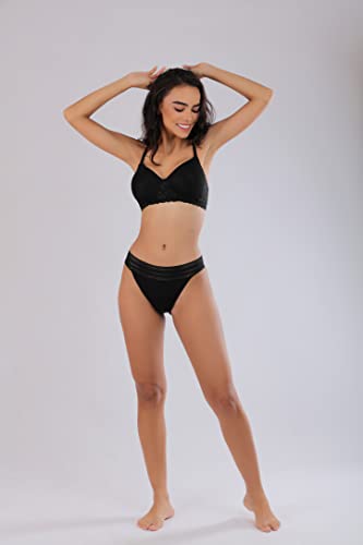 Image of Women's Classy Black Thong Style Full Coverage Hipster Panty to Hold On with Soft Lace at Waist | ELGANTE 8M-V9FH-OXWV