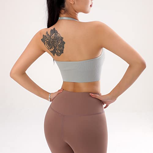 Image of Women Halter Bra Top Yoga Bralette Crop Tanks Workout Sports Bras V Neck with Adjustable Strap Seamless Padded