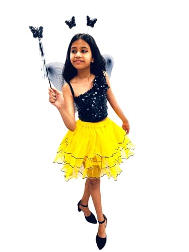 Image of BookMyCostume Butterfly & Honey Bee Fairy Costume for Girls - Sparkly Sequin Top & Layered Tulle Skirt Dress Set with Wings and Wand - Fancy Dress Outfit for Annual Day, Halloween & Cosplay 6-7 years