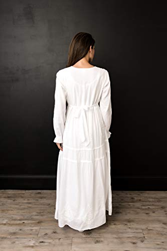 Women's Modest White Full Length Long Sleeve Cotton Special Occasion Dress with Button Down Front4