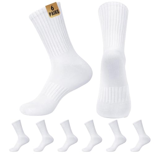 MUQU Mens White Crew Socks - Sports Thin Athletic Breathable Running Long Socks 6 Pairs