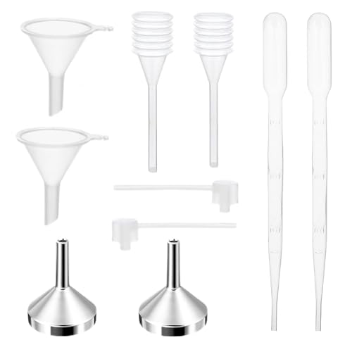 Xnovies 10Pcs Mini Funnels Sets, Aluminium Plastic Small Funnels with Mini Plastic Dropper Pipette Dispenser for Filling Small Bottles, Cosmetics, Crafts, Sand, Essential Oils