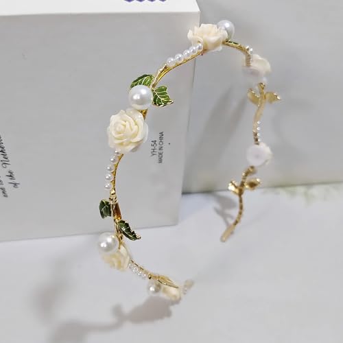 Pearl Rose Flower Headband 1920s French Vintage Camellia Hair Hoop 1920s Leaf hair Band Headpiece Accessories for Women Girls (White) - Image 4