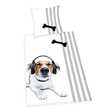 Juego de ropa de cama reversible de 2 piezas, 135x200 cm, ropa de cama 100 % algodón, funda nórdica para niños, niñas, animales, perros, niños, labrador, Jack Russell, caballos (individual, perro)