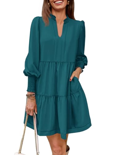 Image of Imily Bela Womens Fall Long Sleeve Tunic Dress Casual V Neck Tiered Dress | Loose,Swing,A-Line,Ruffled Collar,Puff Balloon Sleeve,Smocked Elastic Cuffs,Tiered Layered Ruffle Hem,Babydoll,Loose,Mini