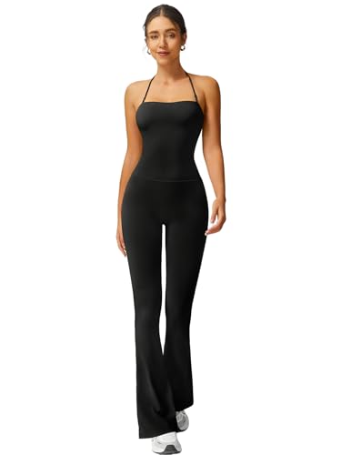 TimeOFF Womens Flare Leg Yoga Pants Jumpsuit High Waisted Bootcut Workout Leggings with Halter Top (Black M)