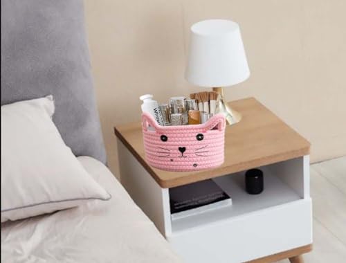 Image of Pet Toy Basket Organzier Cotton Rope Basket Cute Storage Bin Pink Baby Nursery Basket With Ears Gifts Basket For Pet Lover 8.3 x 4.7 inches,Pink