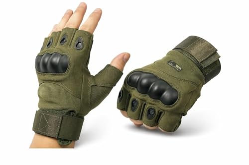 Image of Tactical Half Finger Gloves for Men | Anti-Slip Breathable Outdoor Gloves |Knuckle Protection Riding Gloves for Bike Cycling Gym Training Hiking Camping Army Style Gloves(Green Half Finger HLY)