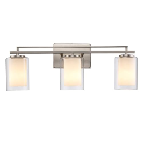 Image of TRANS GLOBE 22483 BN I Lisbon Collection 24 Inch Three-Light Bathroom Vanity - in a Brushed Nickel Finish | Metal Housing I Clear & Frosted Shades I Modern Contemporary Light Fixture |