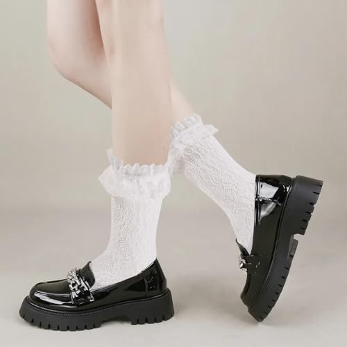 Image of Lace Socks for Women Ankle Ruffle, White Ruffle Frilly Dress Sexy Gothic Lolita fashion Sock,Mesh Ankle High for Young Girl