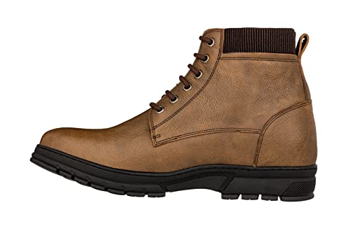 Image of TOTO Men's Invisible Height Increasing Elevator Shoes - Khaki Pebble Grain Leather Lace-up Work Boots - 2.8 Inches Taller - K84017 - Size 8 D(M) US