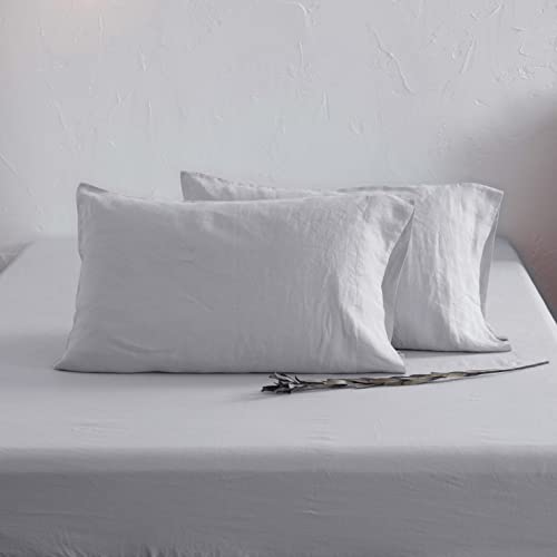 Image of ATLINIA 100% Pure Flax Linen Bedding Set - Stone Washed French Linen Fabric Deep Pocket Fitted Sheet Farmhouse Flat Sheet 2 Pillowcases (Light Grey, Full)