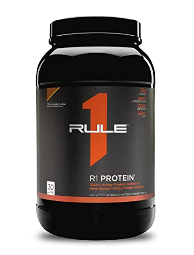 Rule One Proteins, R1 Protein - Chocolate Fudge, 25g Fast-Acting, Super-Pure 100% Isolate and Hydrolysate Protein Powder with 6g BCAAs for Muscle Growth and Recovery, 30 Servings, (RU0400)