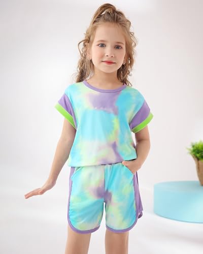 Image of SANMIO Toddler Girl Clothes Summer Toddler Girls Color Block Short Sleeve Shorts Sweatsuit Outfits 2 Piece Clothing Set