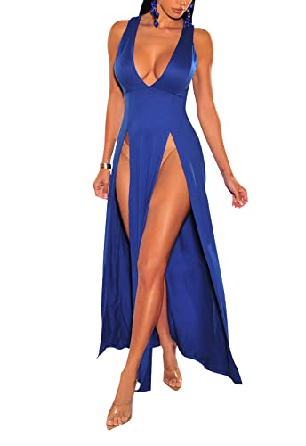 Image of Women's Sexy V Neck Sleeveless High Split Club Party Maxi Dresses