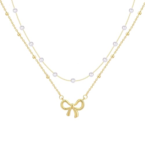 Bow Necklace Trendy 14k Gold Silver Plated Pearl Choker Bow Pendants Necklace Layered Necklaces for Women Jewelry Gift