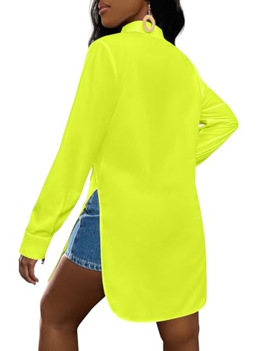 Image of LYANER Women's Collar Neck Long Sleeve Button Down Shirts Sexy Split Hem Tops Long Blouse Shirt Dress