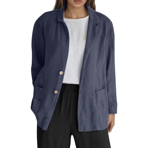 Women's Linen Blazer Long Sleeve Lapel Collar Button Down Suit