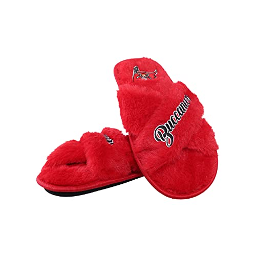 Image of FOCO Womens NFL Team Script Wordmark Fuzzy Cross Slide Slippers