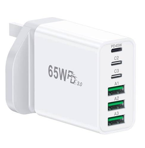65W USB C Plug 6-Port Multi USB Charger Plug with 45W Max Output 3 USB-C and 3 USB-A Fast Charger Plug for MacBook Pro/Air iPad Galaxy S26 iPhone 17/16/15 Pro