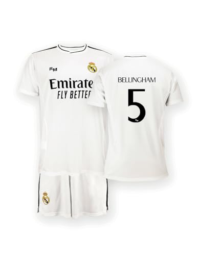 Real Madrid - Conjunto Camiseta y Pantalón Primera Equipación Temporada 24/25, Bellingham, Niños 14 Años, Replica con Licencia Oficial