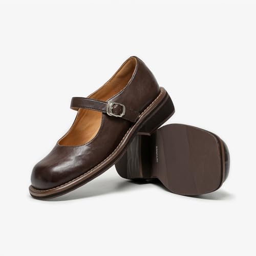BEAU TODAY Womens Mary Janes, Leather Mary Janes for Women, Fashion Square Toe Ballet Flats, Comfortable Business Office Casual Dressy Mary Jane Flats for Women with Ankle Strap 7