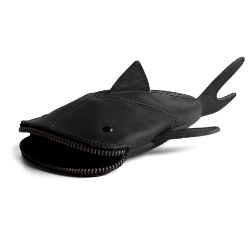 Image of Hide & Drink, Zippered Coin Pouch, Shark Shaped Case, Stuffed Animal, Bank, Change Bag, Pencil Purse, Shark Shaped Cable Holder, Full Grain Leather, Handmade Wallet, Charcoal Black
