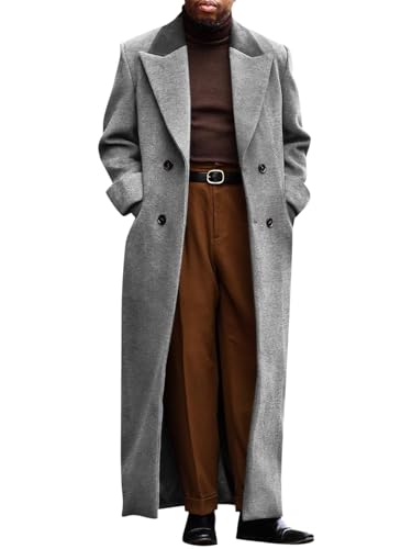 Runcati Mens Full Length Trench Coat Notched Lapel Long Jacket Double Breasted Classic Winter Overcoat