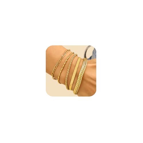 wgoud Gold Bracelets for Women Trendy, 14K Real Gold Plated Link Chain Bracelets for Women Waterproof, Adjustable Gold Stack Bracelet Set Jewelry Gifts for Women.