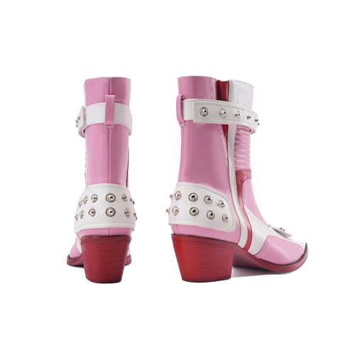 Tsrenlmln Ankle Boots for Women Pointed Toe Heel Rivet Western Cowboy Boots With Tassel Womens Cowgirl Booties Slip-On pink boots red sole3