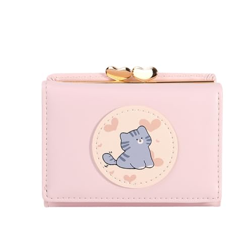 Image of Valerie Cute Small Wallets Clutch for Teen Girl Women PU Leather Trifold Small Wallet Cash Pocket 3D Buckle Card Holder Coin Purse with ID Window for Girls Women (Pink Cat)