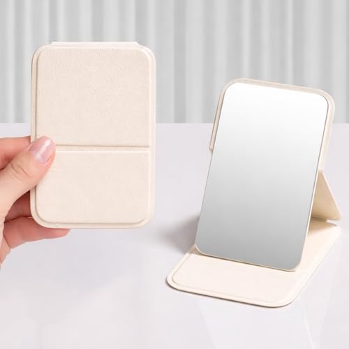 Image of Travel Mini Makeup Mirror(11 x 7cm),Portable Folding Mirrorwith Stand,Light weight and Slim Design for Purse,Travel,Use Anywhere,Easy Portability,Fits in Purse,Bag,Pocket (OFF WHITE-PACK OF 1)