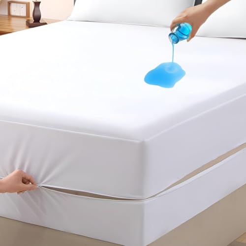 Image of Zipper Closure Style Mattress Protector King Size 100% Waterproof Six-Sided Mattress Encasement for Bed 78x84 Inch Fit On 6 Inch 6.5X7 Feet White
