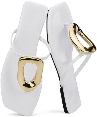 Womens Flat Sandals Square Comfortable Flip Flops Slide Summer Beach Shoes with Metal Decoration