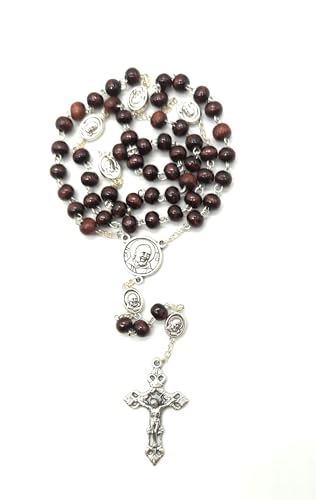 OVUNQUE PROTEGGIMI Rosario de Padre Pío de madera con cruz, medallas y cuentas, caja porta rosario con imagen, M, Madera, No es una piedra preciosa