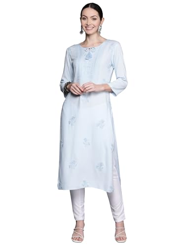 Image of INDO ERA Women's Floral Chikankari Work Viscose Rayon Calf Length Straight Kurta (23AGS7314)