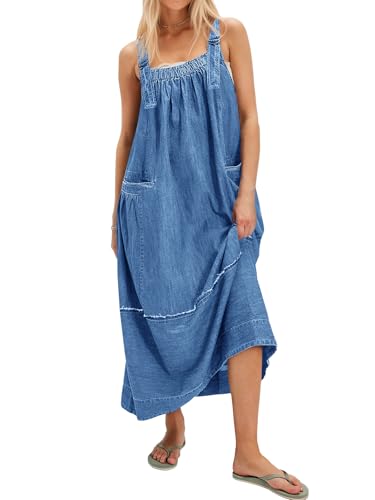 Cicy Bell Women's Denim Overall Dress Casual Adjutable Strap Back Drawstring Loose Jumper Bib Maxi Dresses with Pockets2